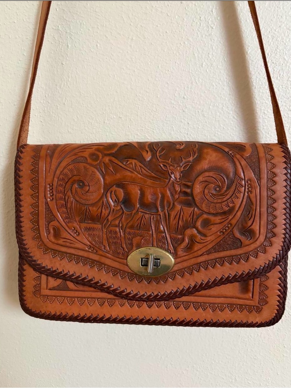 Vintage Western Hand-Tooled Brown Leather Crossbody Purse - Picture 2 of 5
